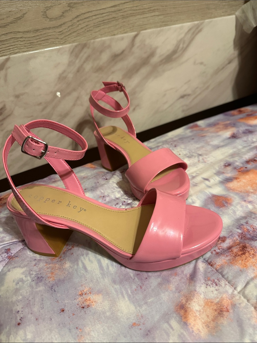Copper Key Pink Block Heel Ankle-Strap Sandals